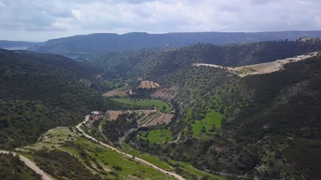 valleys in mountains in Cyprus in spring day, aerial view