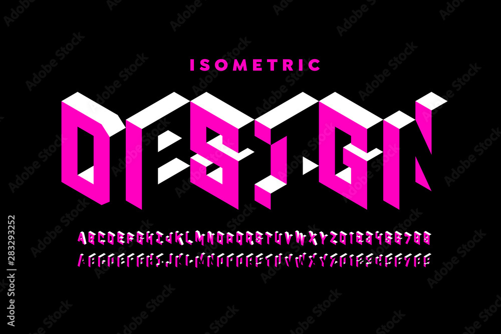 Poster isometric 3d font design, three-dimensional alphabet letters and numbers