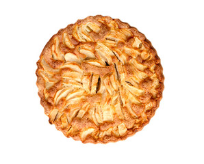 Whole apple pie close-up isolated on white background. Top view