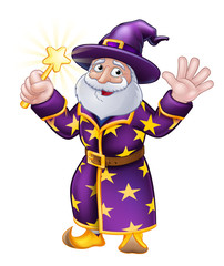 A wizard merlin magician Halloween cartoon character waving