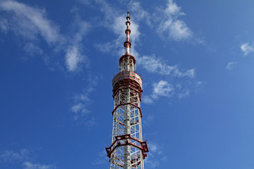 Obraz premium Kiev, Ukraine - July 18, 2019: TV Tower made of steel. The antenna of television centre in Kiev (Kyiv)