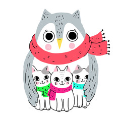 Cartoon cute winter owl and cats vector.