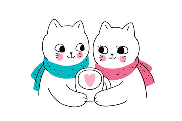 Cartoon cute winter cats couple and coffee cup vector.