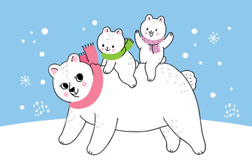 Fototapeta premium Cartoon cute winter mother and baby polar bear vector.