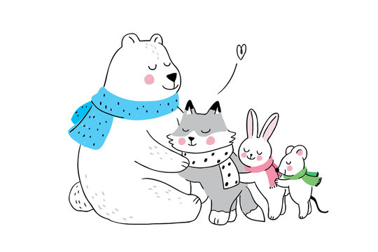 Cartoon cute winter Polar bear hugging fox and rabbit and mouse vector.