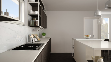 Modern white kitchen with wooden details and parquet floor, modern pendant lamps, minimalistic interior design concept idea, island with stools and accessories