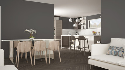 Modern white kitchen with wooden details and parquet floor, modern pendant lamps, minimalistic interior design concept idea, island with stools and accessories
