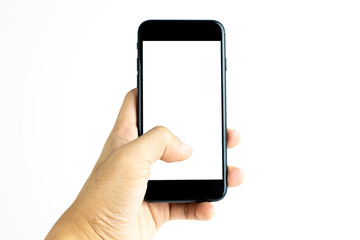 hand holding a mobile phone with a white blank screen on isolated background