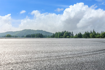 Asphalt race track and green woods nature landscape in summer