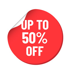 round red discount sticker. bent label isolated on white background. discount up to 50 percent off. illustration for promo advertising discounts
