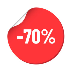 round red discount sticker. bent label isolated on white background. discount minus 70 percent off. illustration for promo advertising discounts