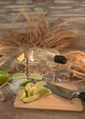 Photo detail of two bottles of luxurious tequila, shot's and many slices of lemon with wheat spikes on the wooden table
