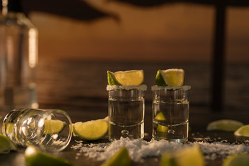Fresh lemon slices with two shot's of tasty white tequila and salt scattered