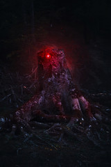Tree stump in dark forest with trail marking magically glowing red light and lightning the dark, horror Halloween concept