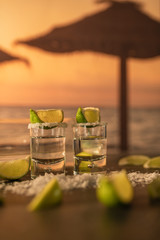 A couple of luxurious shot's of tequila with lemon slices on top and on the table
