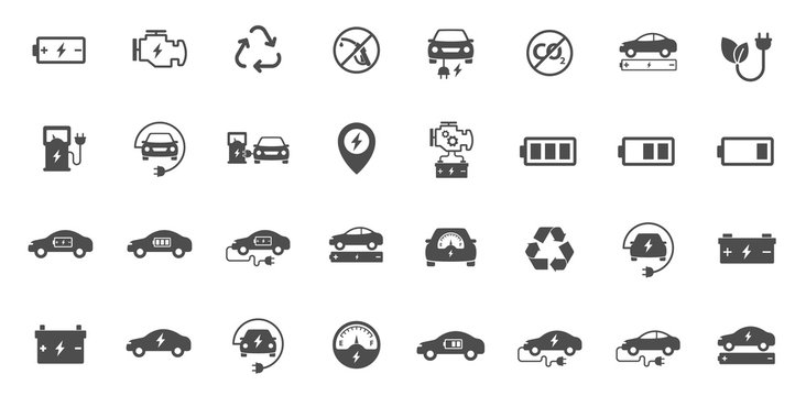 Electric Eco Car Vector Icons Set Isolated On White Background. Electric Ecological Transport Comcept. Electric Car Flat Icons For Web, Mobile And Ui Design.