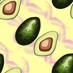 seamless pattern with tropical and exotic fruits in unique trendy organic style, avocado fruit ripe
