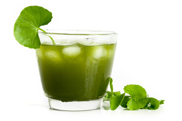 Fresh green Gotu kola, Centella asiatica leaf and juice on white background , Asiatic pennywort, Indian pennywort , a ayurvedic medical herb concept