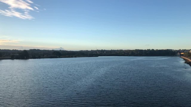 View over Homebush Bay with clear blue sky.