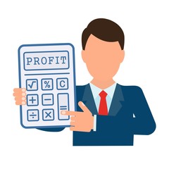 Businessman. Calculator. Financial calculation. Flat vector design, white background.