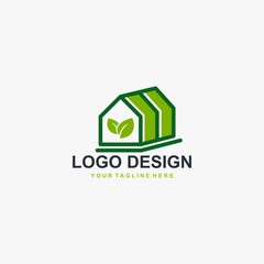 Greenhouse logo design vector. Plant care illustration symbol. Green leaf sign. Green house and leaf vector icons.