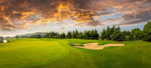 Foto op Plexiglas Green grass and woods on a golf field © ABCDstock