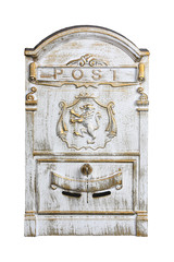 Vintage metal mail box on white backround