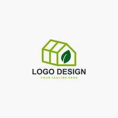 Greenhouse logo design vector. Plant care illustration symbol. Green leaf sign. Green house and leaf vector icons.