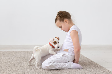 Pets and animal concept - Child girl playing with puppy Jack Russell Terrier