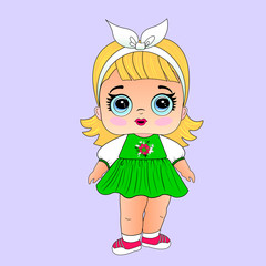 Cute Doll girl. Toy character for children. Design for children's t-shirts, souvenirs, cards, postcards, wallpapers.