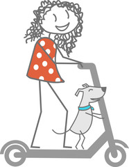 A woman and her dog are moving on the same scooter