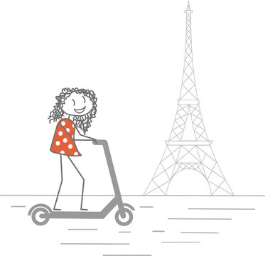A woman travels by scooter in Paris in front of the Eiffel Tower,