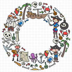Vector set of pirates children's drawings icons in doodle style. Painted, colorful, pictures on a piece of paper on white background.