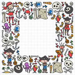 Fototapeta na wymiar Vector set of pirates children's drawings icons in doodle style. Painted, colorful, pictures on a piece of paper on white background.