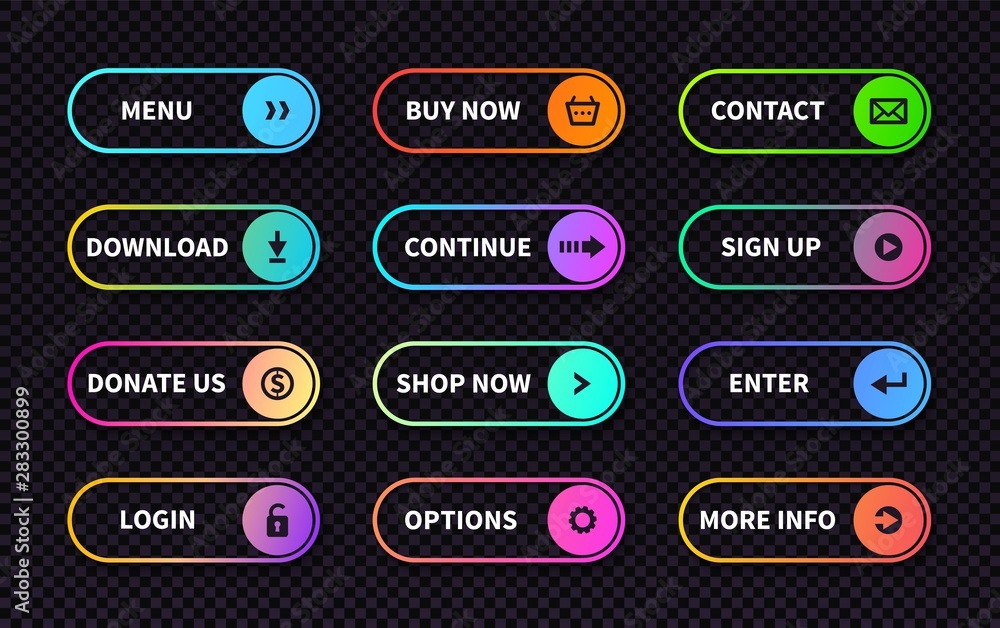 Poster Set of gradient action buttons. Flat web submit form, modern transition sign, game navigation ui design element. Vector illustration different light rectangular call banner actions on transparent