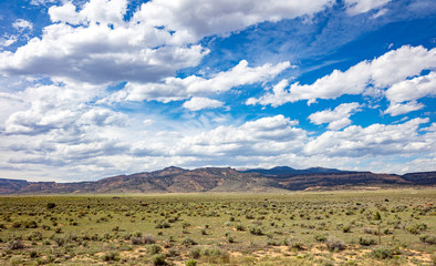 Desert landscape, US blue sky with clouds, spring day