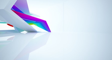 Abstract architectural white and color gradient gloss interior of a minimalist house with large windows. 3D illustration and rendering.