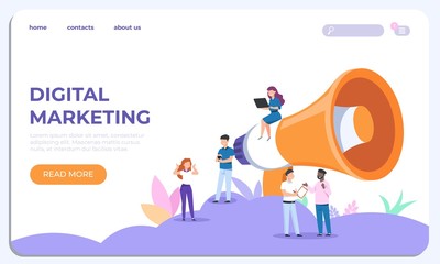 Digital marketing landing page. Specialists working on business analysis. Vector illustrations modern website design template for customization advertise business