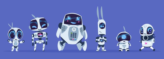 Robots evolution. Creative cartoon characters of futuristic robots, artificial intelligence education evolution concept. Vector IT future robotics AI set - obrazy, fototapety, plakaty