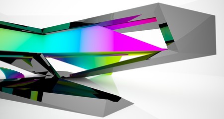 Abstract architectural black and color gradient gloss interior of a minimalist house with large windows. 3D illustration and rendering.