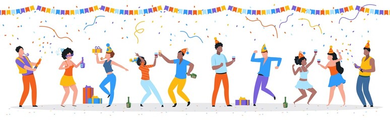Fototapeta Cartoon party people. Trendy happy dancing group of men and women with party hats, confetti and drinks. Vector illustration birthday young fun man and his friends obraz