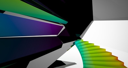 Abstract architectural black and color gradient gloss interior of a minimalist house with large windows. 3D illustration and rendering.