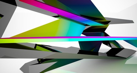 Abstract architectural black and color gradient gloss interior of a minimalist house with large windows. 3D illustration and rendering.