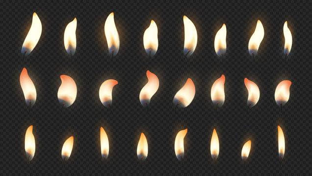 Candle flame. Realistic fire light effects for birthday cake burning candle. Vector candlelight set isolated animation picture on transparent background