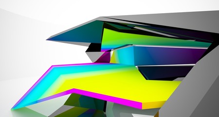 Abstract architectural black and color gradient gloss interior of a minimalist house with large windows. 3D illustration and rendering.