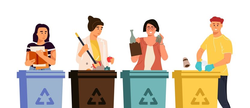 Recycling characters. Cartoon men and women putting trash in different containers, garbage sorting concept. Vector illustrations global eco recycling waste
