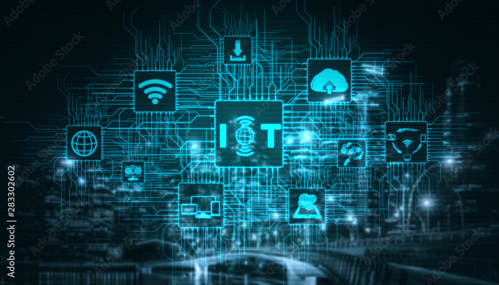 Wall mural internet of things and communication technology concept - modern graphic interface showing smart inf