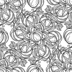 Black and white autumn vector seamless pattern. Pumpkins and autumn leaves background.