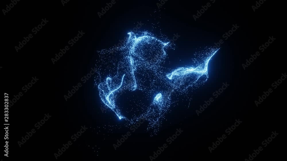 Poster abstract animated particle system background with blue sphere disappearing