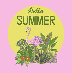 Hello Summer card, Hand drawn flamingo and tropical plants, vector